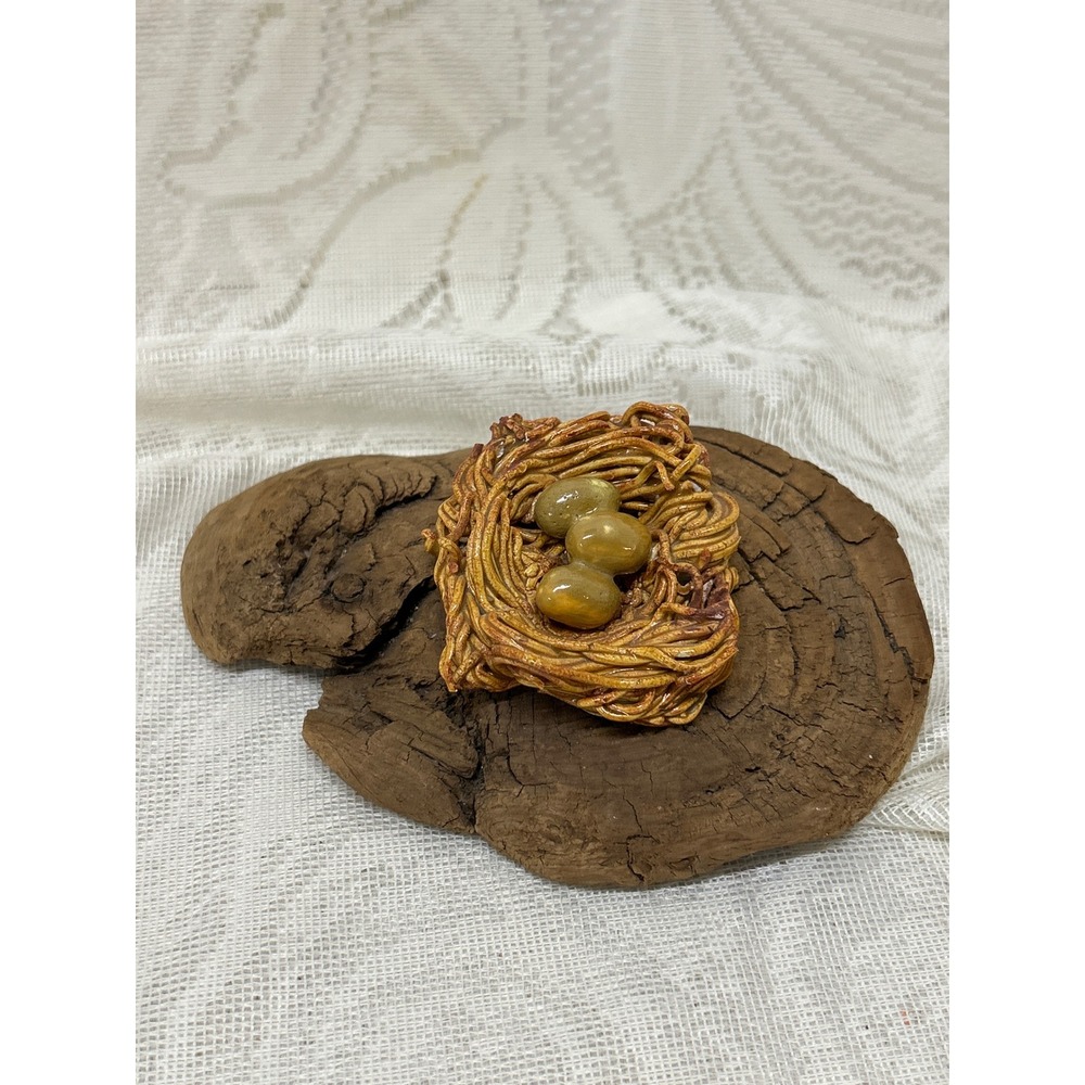 Handmade Ceramic Bird Nest on Driftwood Artisan Pottery Sculpture Art Festival